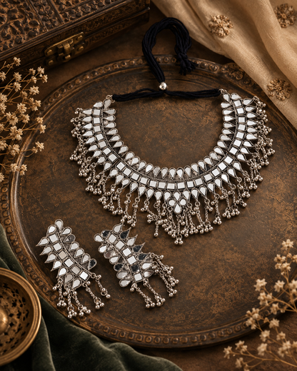 Silver Eshaan Oxidised Necklace With Earring Set