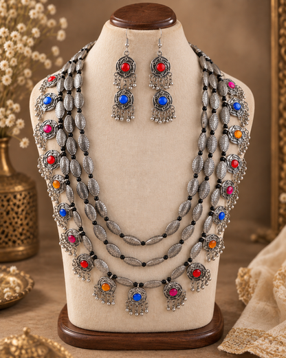 Multicolour Ranvijay Oxidised Silver Necklace & Earrings Set