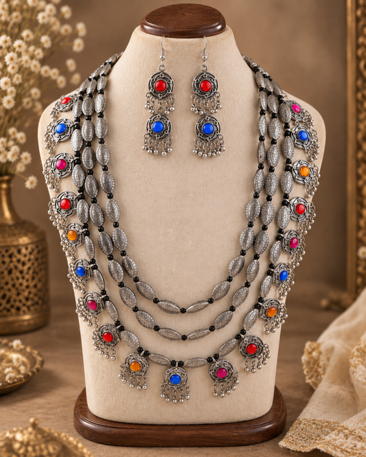 Multicolour Ranvijay Oxidised Silver Necklace & Earrings Set