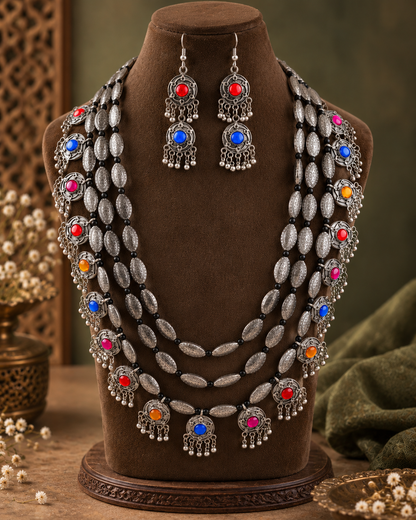 Multicolour Ranvijay Oxidised Silver Necklace & Earrings Set