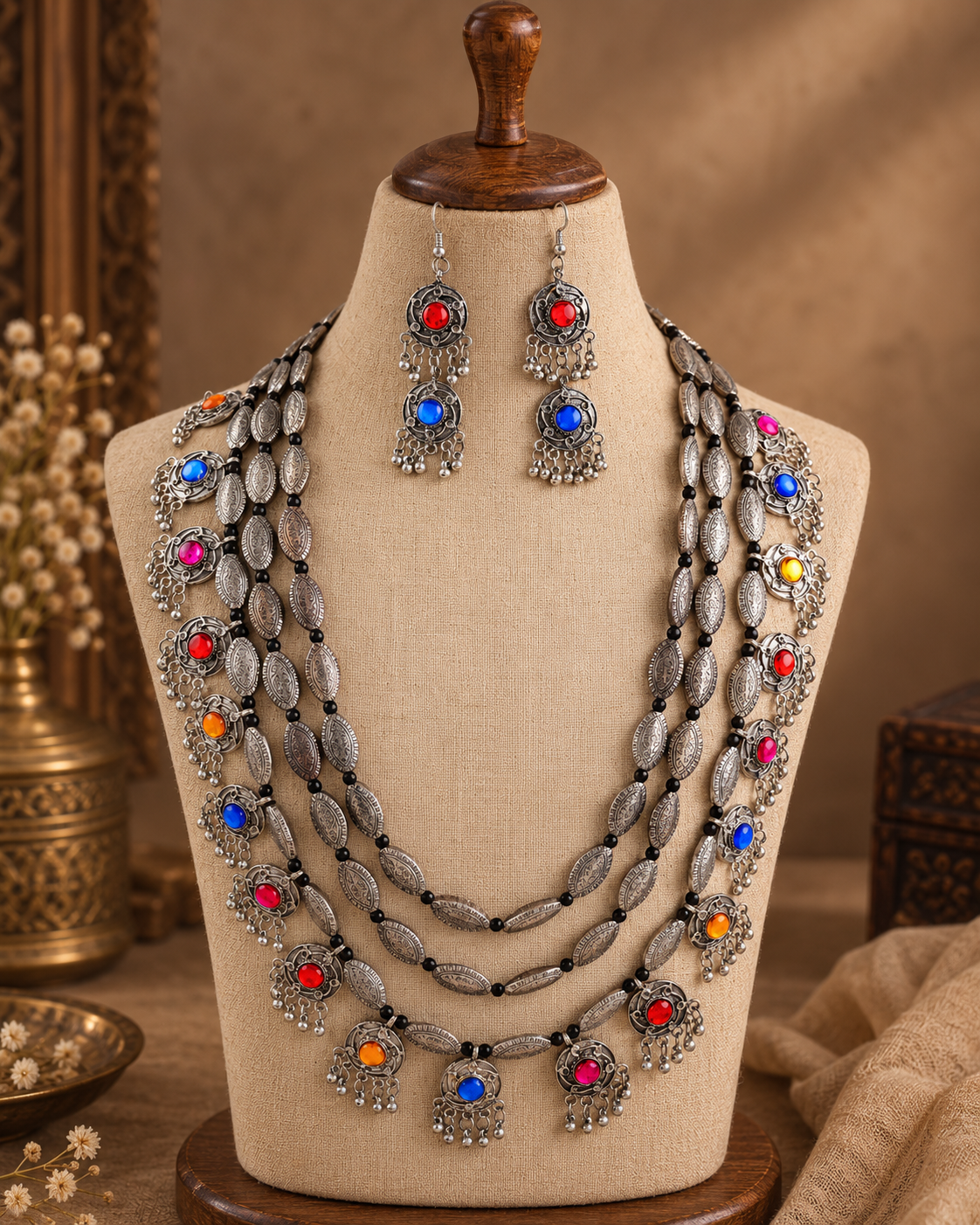 Multicolour Ranvijay Oxidised Silver Necklace & Earrings Set