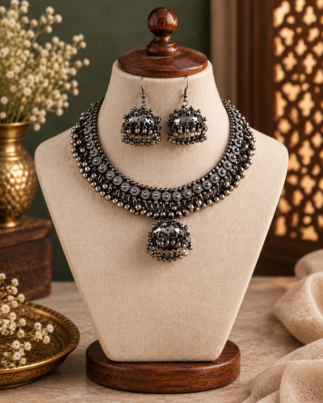 Silver Tanish Oxidised Necklace & Earring Set