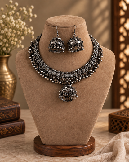 Silver Tanish Oxidised Necklace & Earring Set