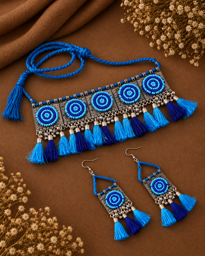 Blue Madhurya Oxidised Necklace & Earring Set