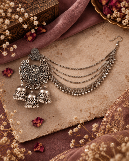 Silver Zarnika Oxidised Kaan Chain Jhumka Earrings