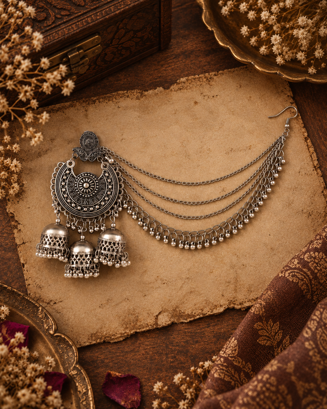 Silver Zarnika Oxidised Kaan Chain Jhumka Earrings