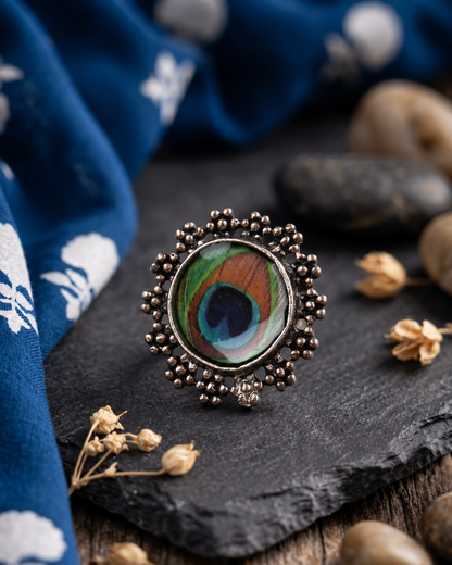Karishma Oxidised Peacock Feather Ring