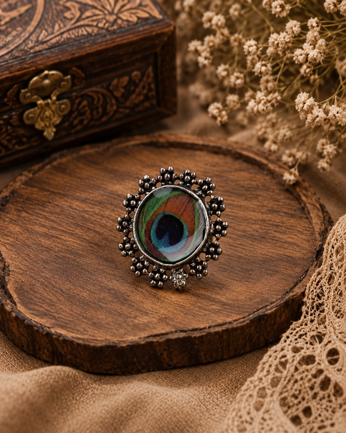 Karishma Oxidised Peacock Feather Ring