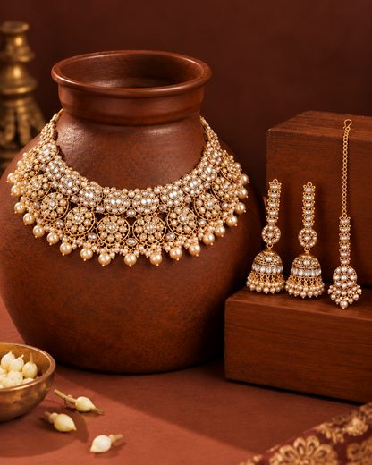 Pearl Kamalika Rajwada Necklace Set with Earring and Teeka