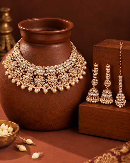 Pearl Kamalika Rajwada Necklace Set with Earring and Teeka
