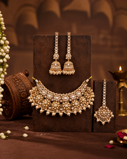 Pearl Kamalika Rajwada Necklace Set with Earring and Teeka