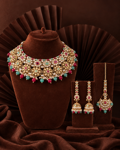 Ruby Mint Kamalika Rajwada Necklace Set with Earring and Teeka