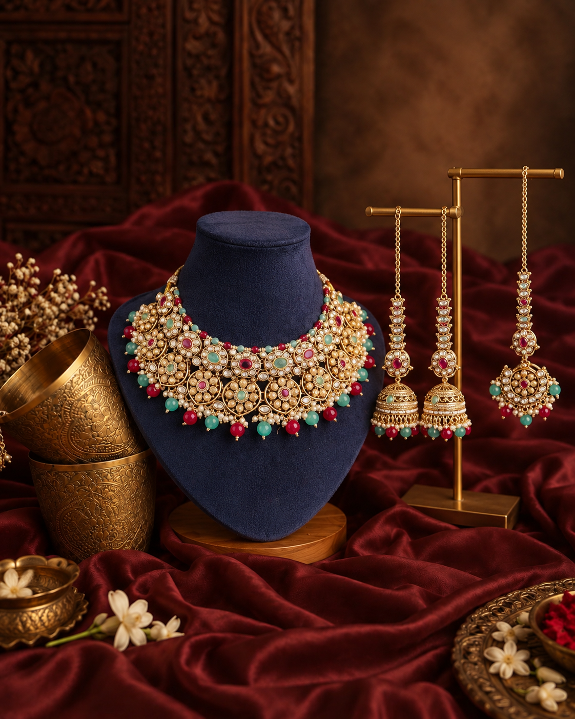 Ruby Mint Kamalika Rajwada Necklace Set with Earring and Teeka