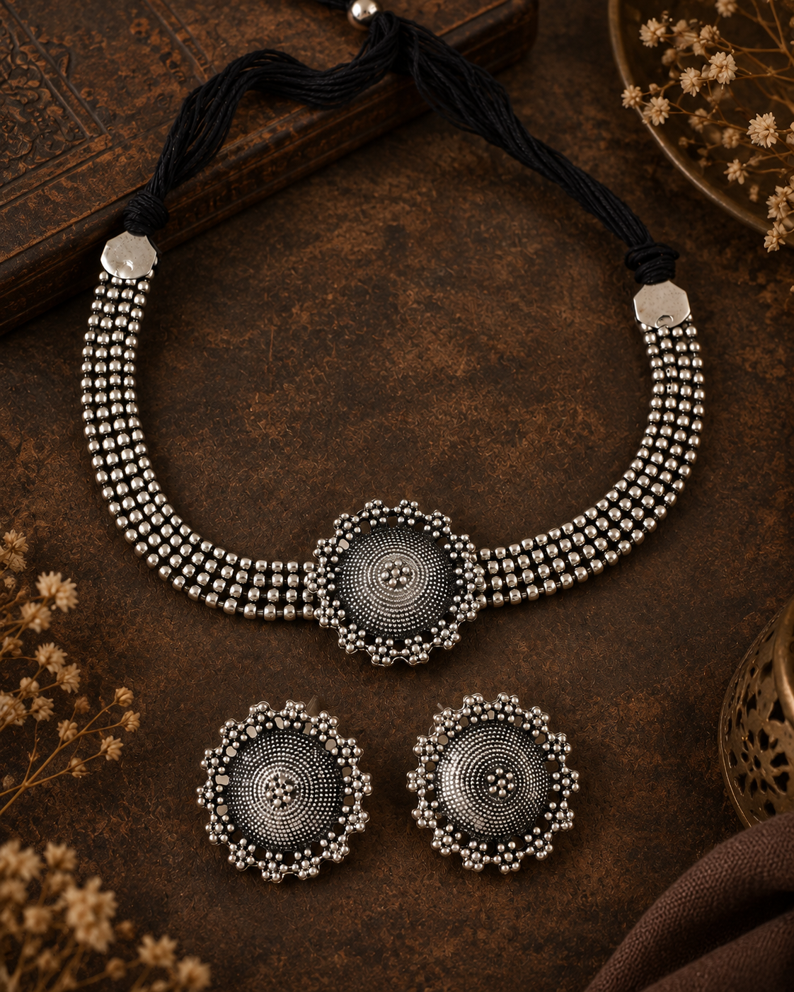 Silver Malavika Oxidised Choker With Earrings