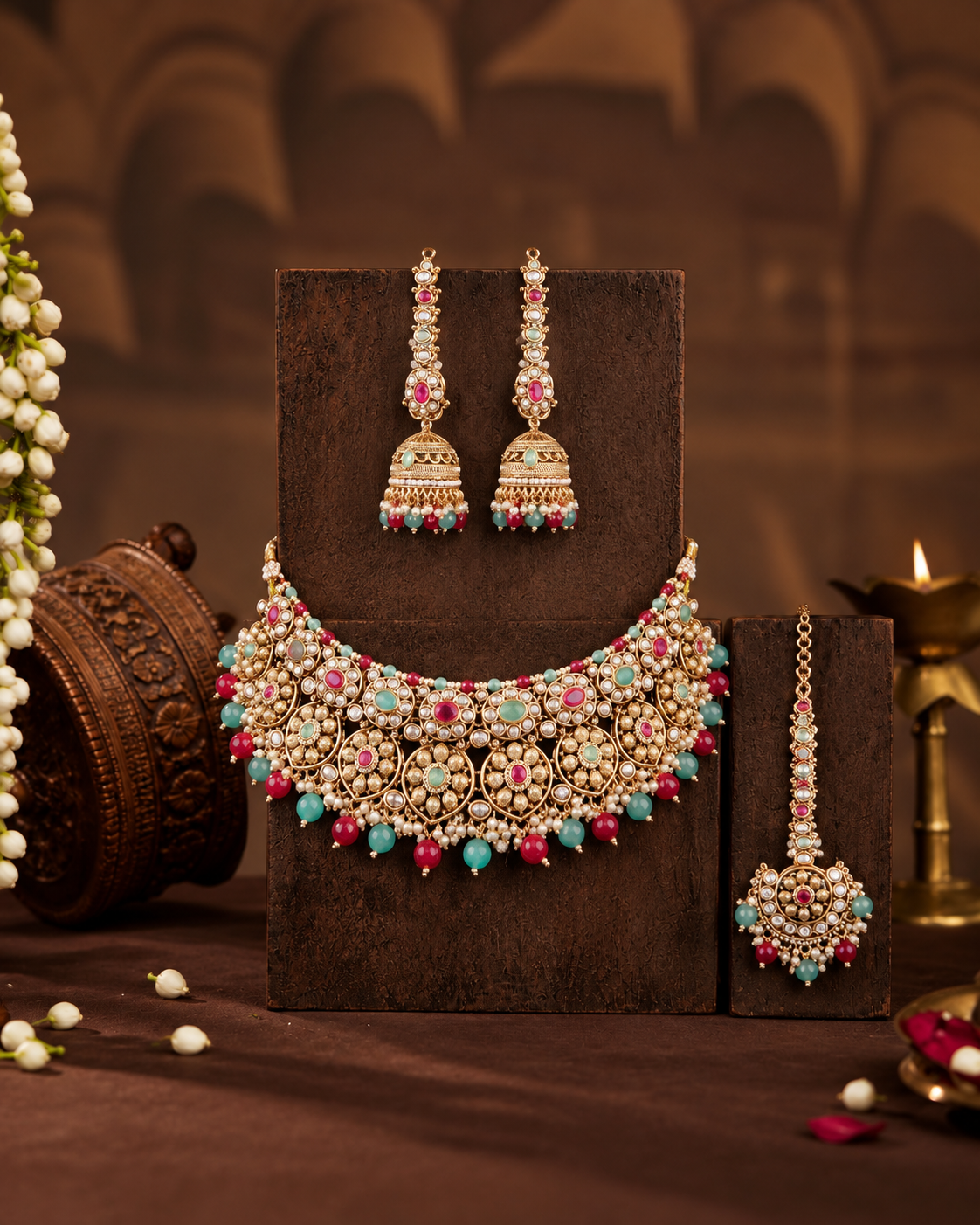 Ruby Mint Kamalika Rajwada Necklace Set with Earring and Teeka