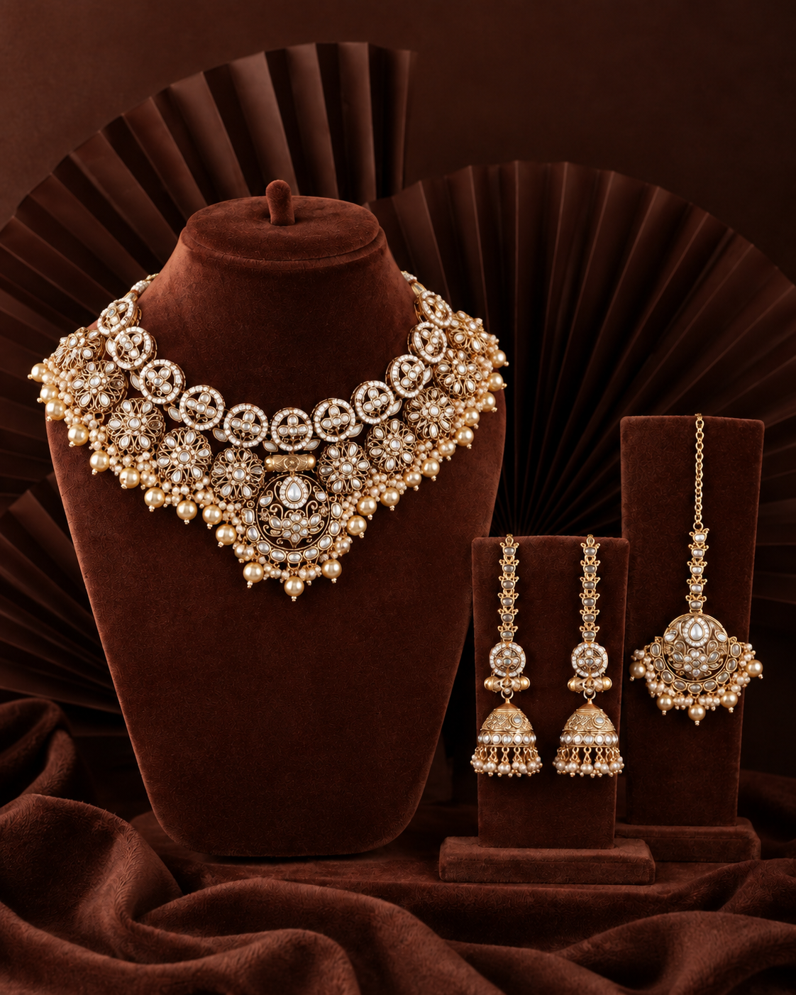 Pearl Ruhanya Rajwada Necklace Set with Earring and Teeka