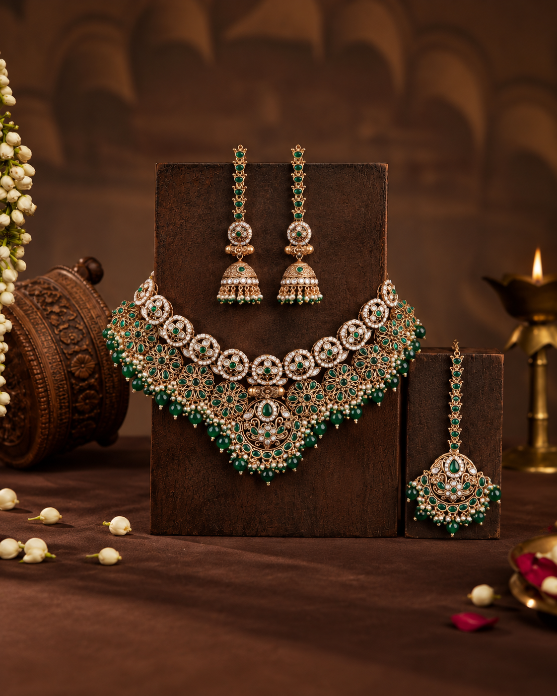 Green Ruhanya Rajwada Necklace Set with Earring and Teeka
