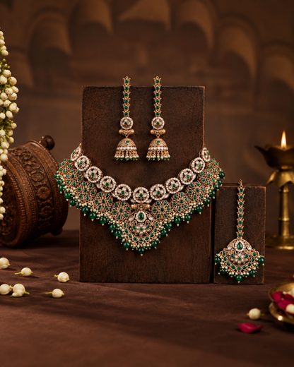 Green Ruhanya Rajwada Necklace Set with Earring and Teeka