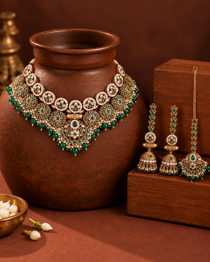Green Ruhanya Rajwada Necklace Set with Earring and Teeka