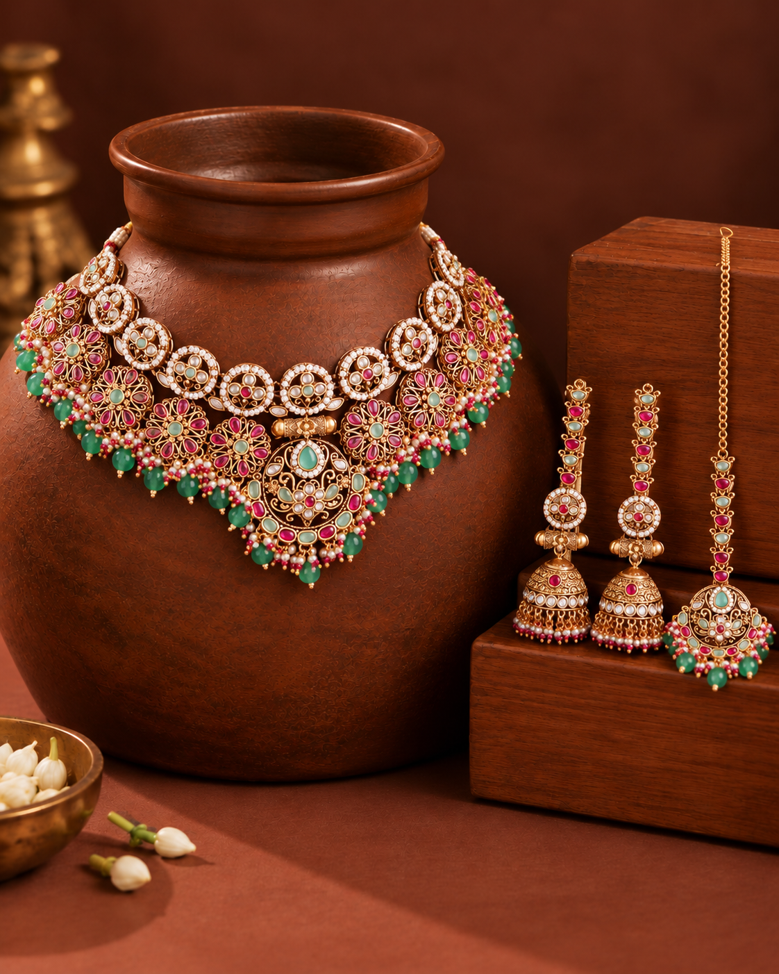 Mint Ruby Ruhanya Rajwada Necklace Set with Earring and Teeka