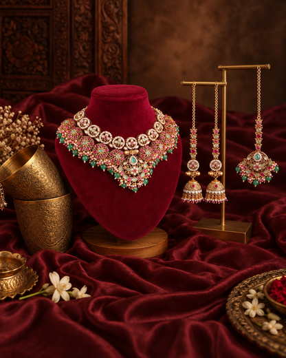 Mint Ruby Ruhanya Rajwada Necklace Set with Earring and Teeka