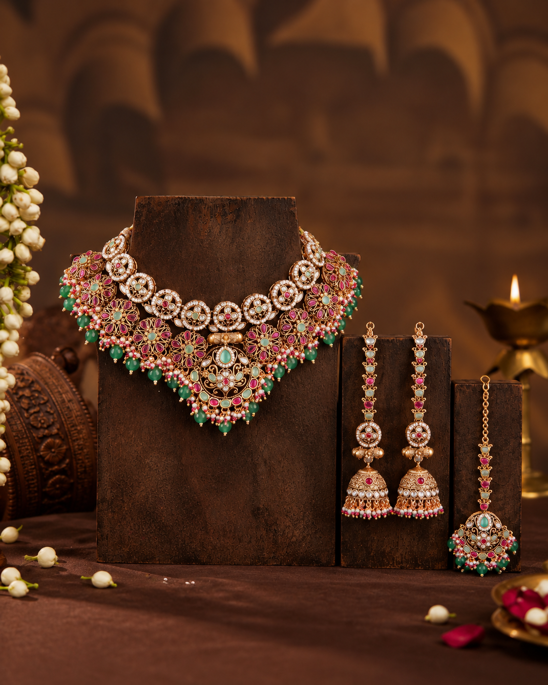 Mint Ruby Ruhanya Rajwada Necklace Set with Earring and Teeka