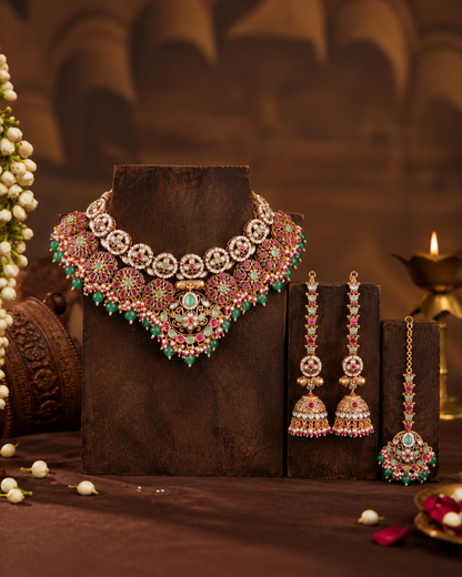 Mint Ruby Ruhanya Rajwada Necklace Set with Earring and Teeka