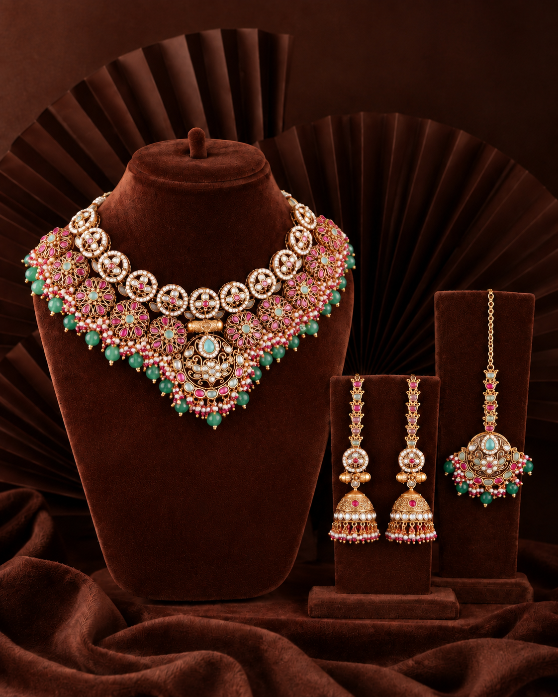 Mint Ruby Ruhanya Rajwada Necklace Set with Earring and Teeka