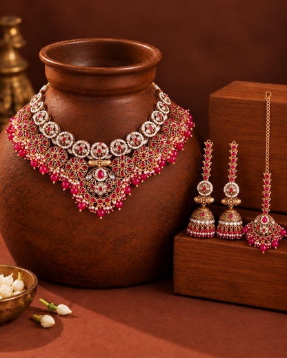 Ruby Ruhanya Rajwada Necklace Set with Earring and Teeka