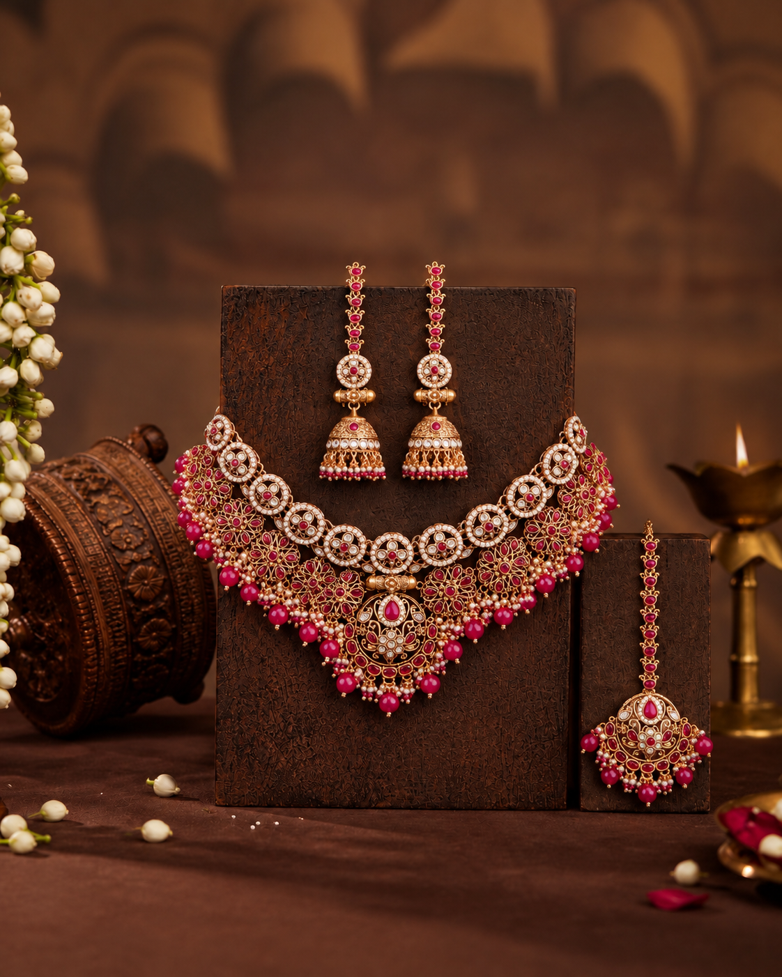 Ruby Ruhanya Rajwada Necklace Set with Earring and Teeka