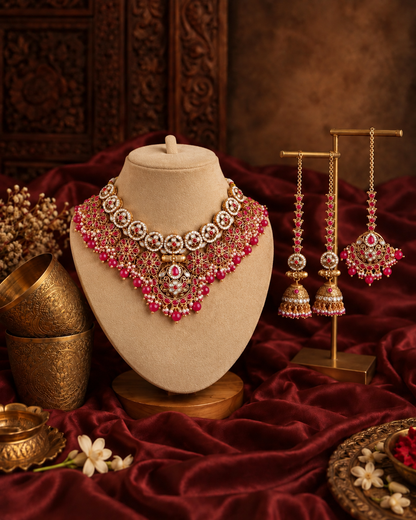 Ruby Ruhanya Rajwada Necklace Set with Earring and Teeka