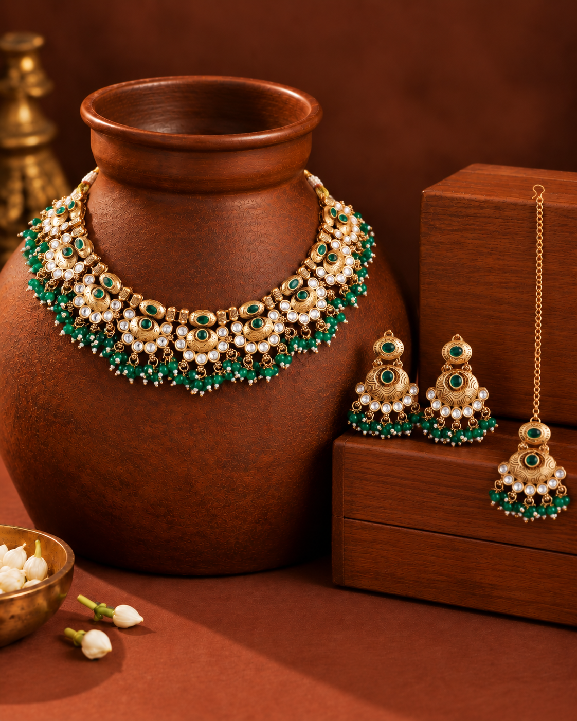 Green Amrapali Rajwada Necklace Set with Earring and Teeka