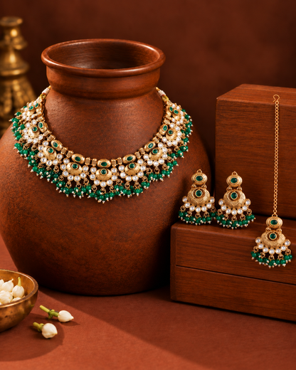 Green Amrapali Rajwada Necklace Set with Earring and Teeka