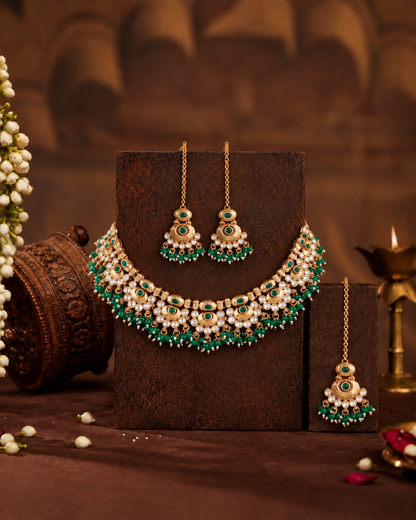 Green Amrapali Rajwada Necklace Set with Earring and Teeka