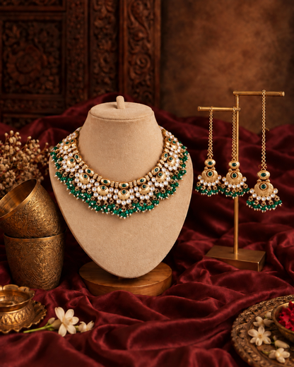 Green Amrapali Rajwada Necklace Set with Earring and Teeka