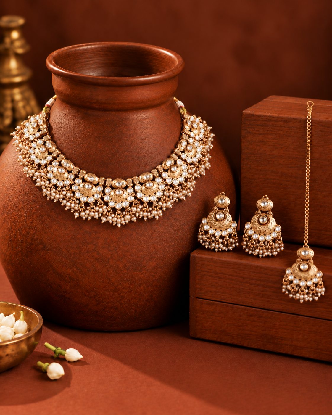 Gold Amrapali Rajwada Necklace Set with Earring and Teeka