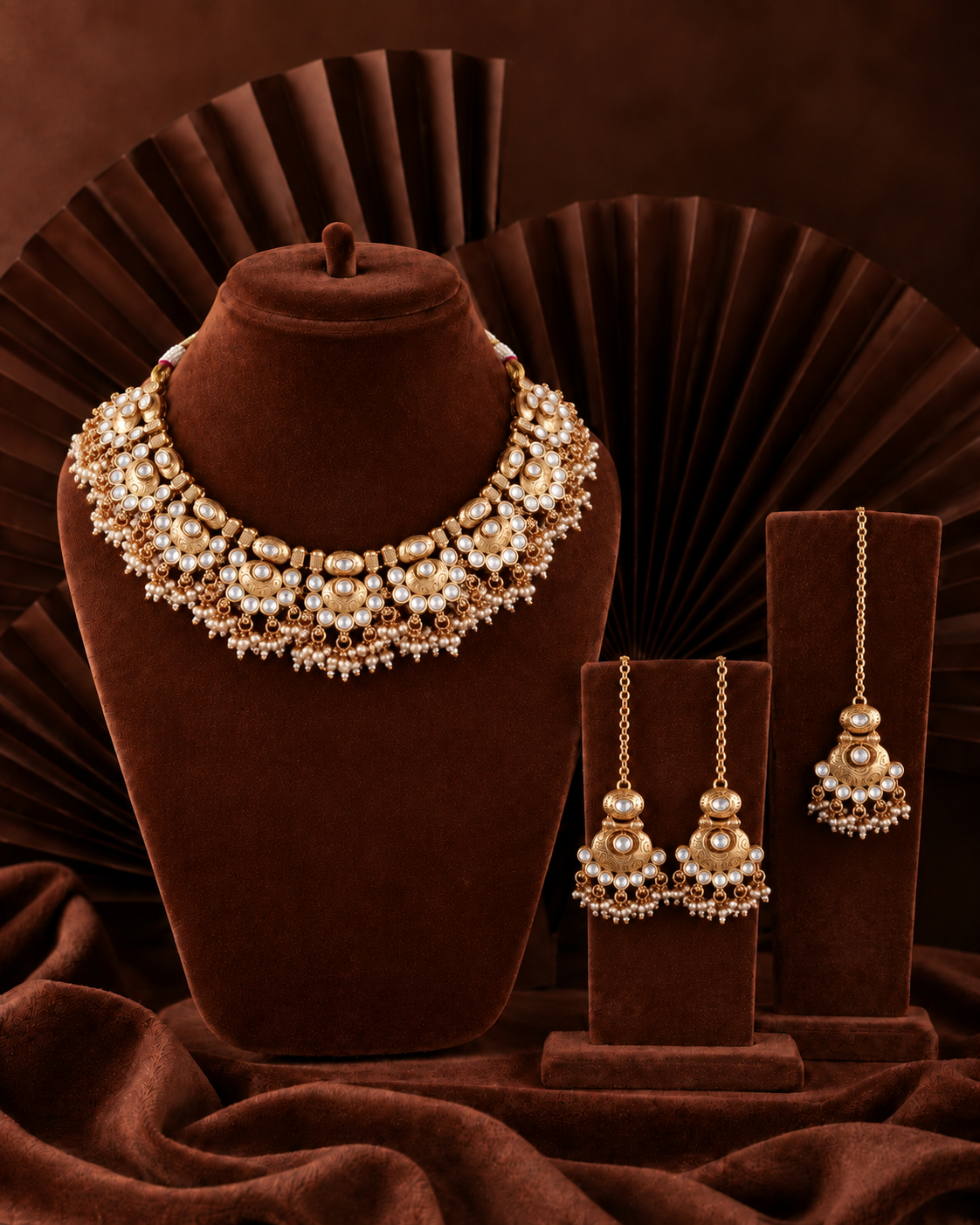 Gold Amrapali Rajwada Necklace Set with Earring and Teeka