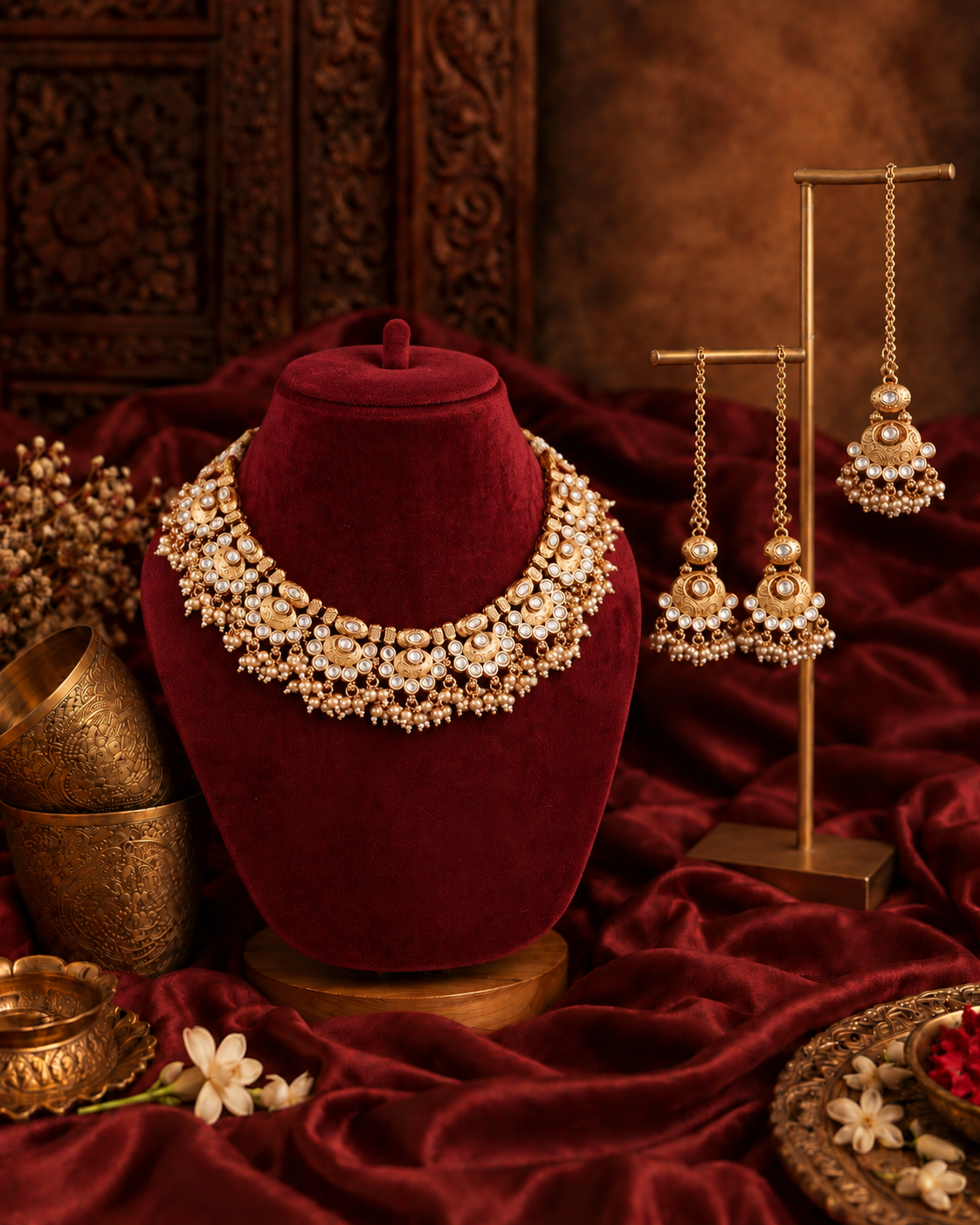 Gold Amrapali Rajwada Necklace Set with Earring and Teeka