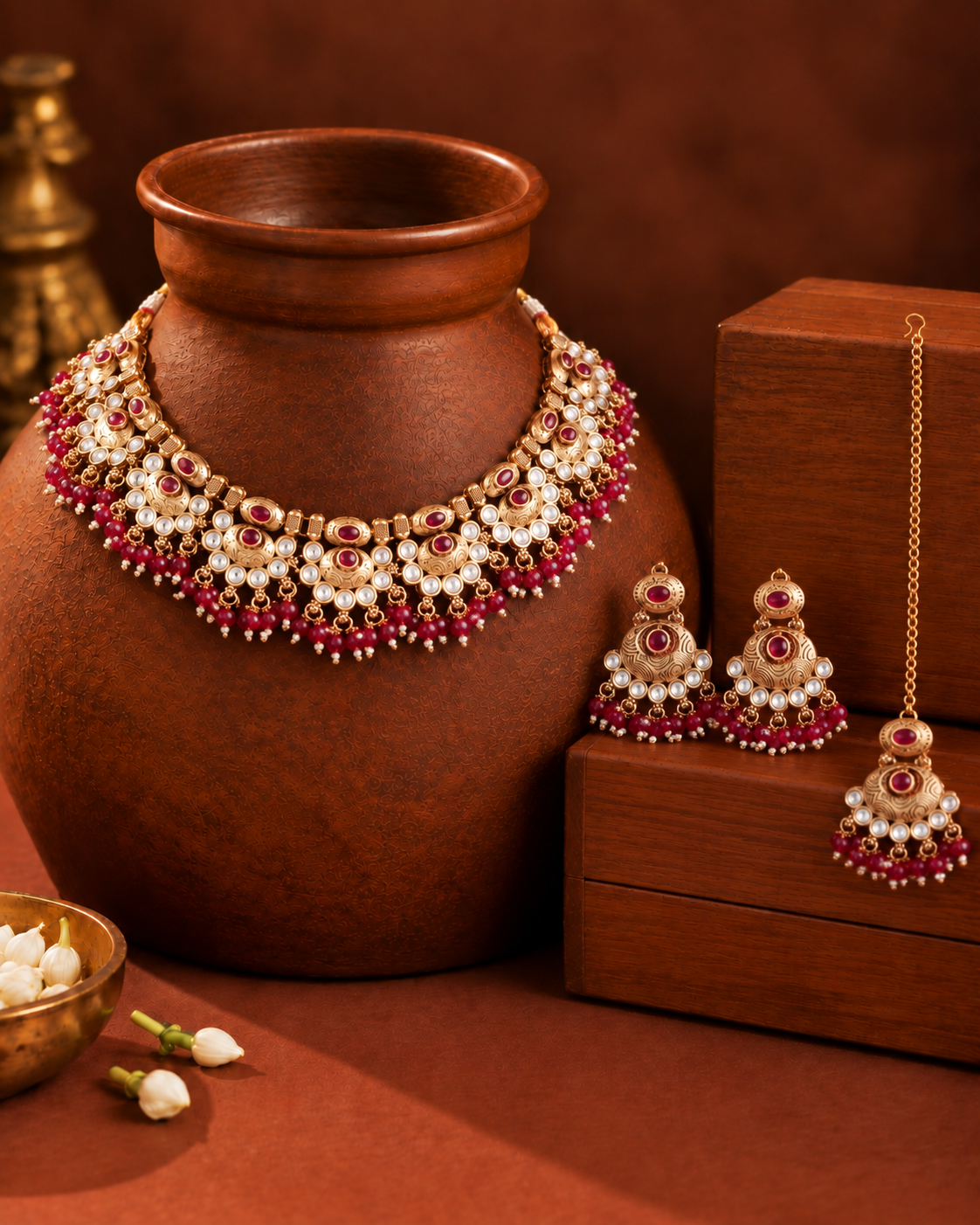 Ruby Amrapali Rajwada Necklace Set with Earring and Teeka