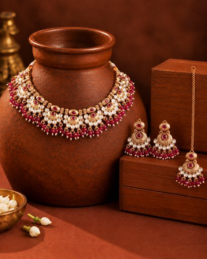 Ruby Amrapali Rajwada Necklace Set with Earring and Teeka