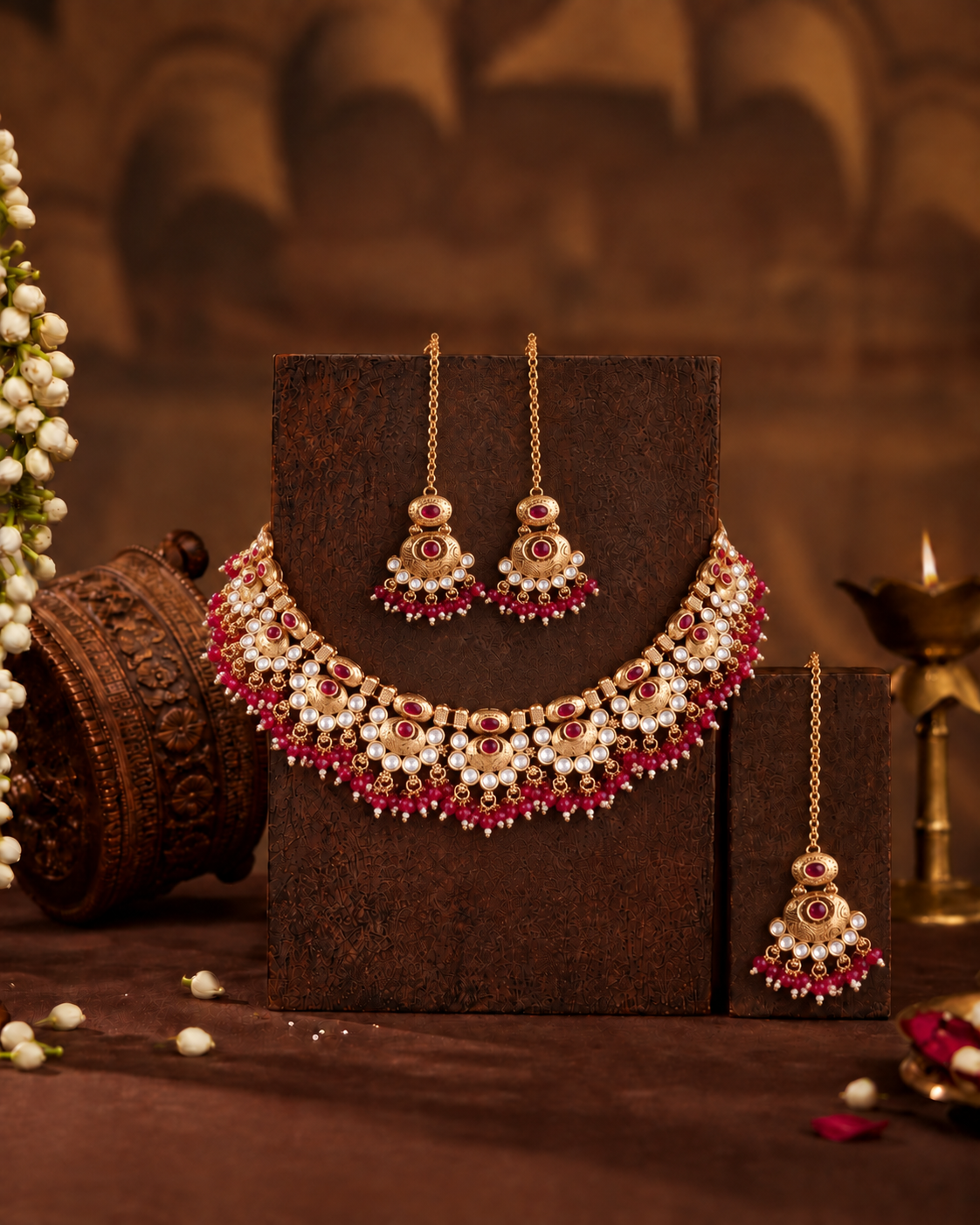Ruby Amrapali Rajwada Necklace Set with Earring and Teeka
