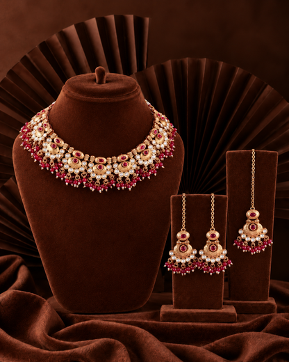 Ruby Amrapali Rajwada Necklace Set with Earring and Teeka