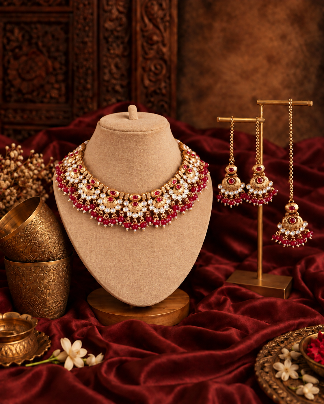 Ruby Amrapali Rajwada Necklace Set with Earring and Teeka