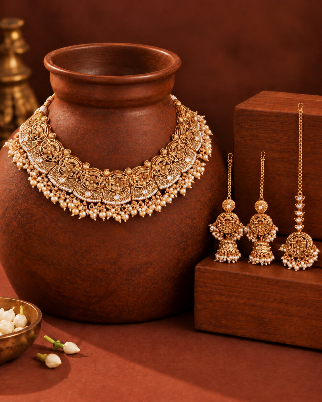 Gold Nandita Rajwada Necklace Set with Earring and Teeka