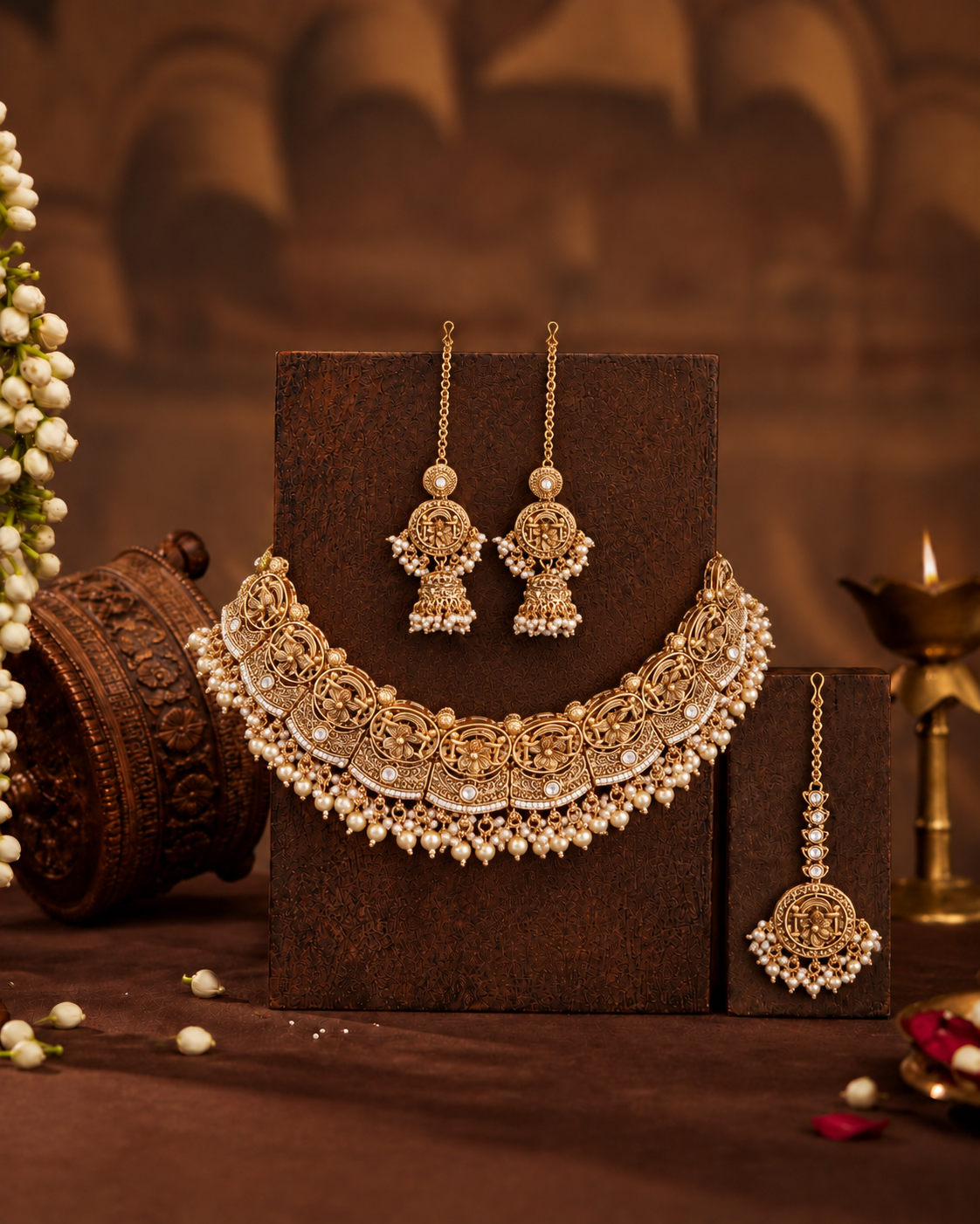 Gold Nandita Rajwada Necklace Set with Earring and Teeka