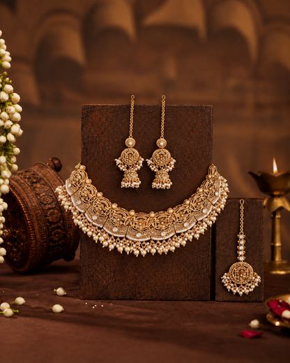 Gold Nandita Rajwada Necklace Set with Earring and Teeka