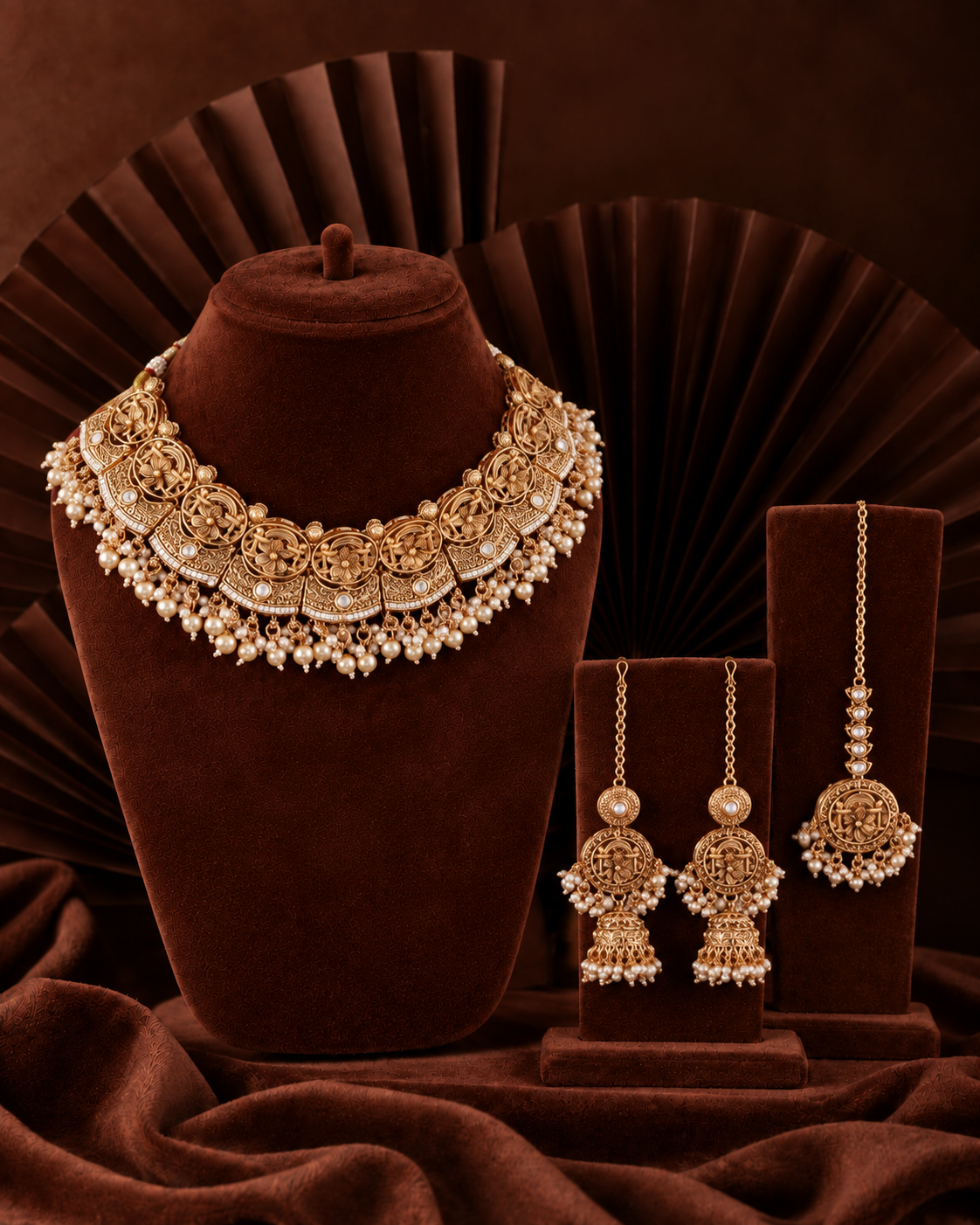Gold Nandita Rajwada Necklace Set with Earring and Teeka
