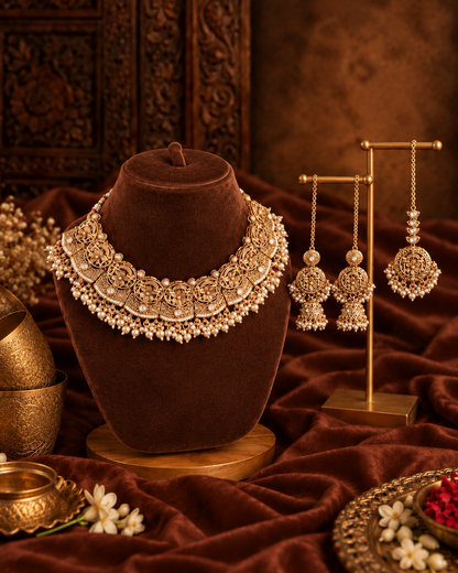 Gold Nandita Rajwada Necklace Set with Earring and Teeka