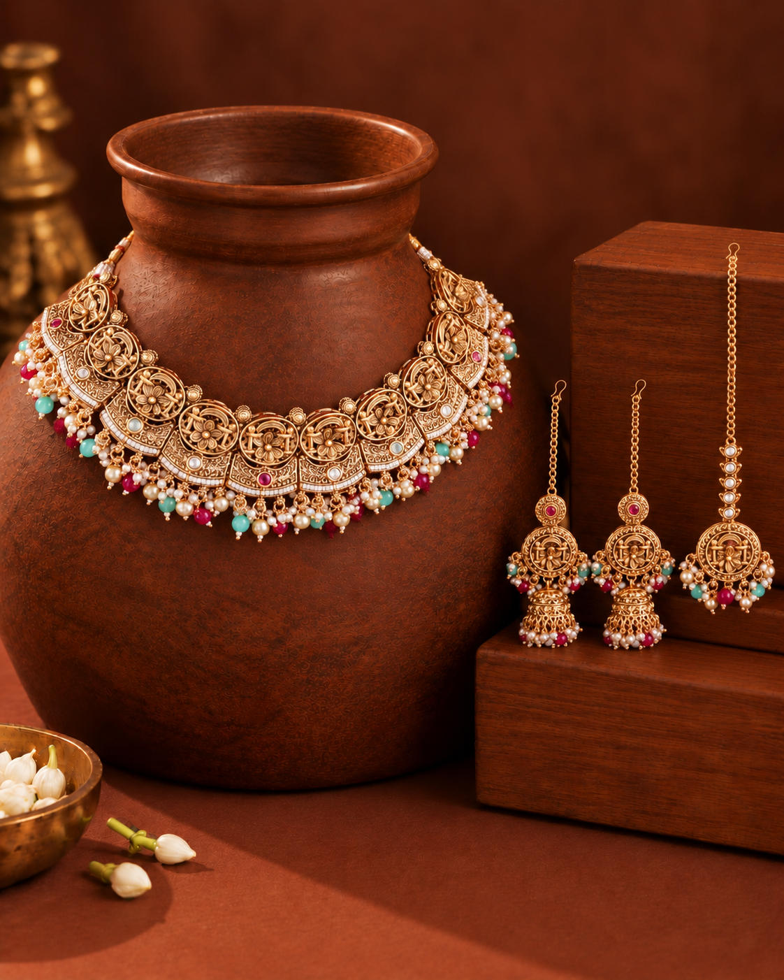 Ruby Mint Nandita Rajwada Necklace Set with Earring and Teeka