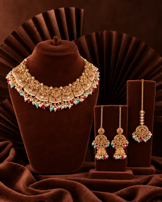 Ruby Mint Nandita Rajwada Necklace Set with Earring and Teeka